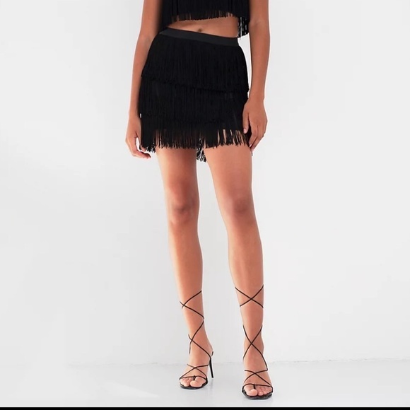 Aritzia Babaton Mirage Black Fringe Mini Skirt Size 4 - Picture 2 of 9